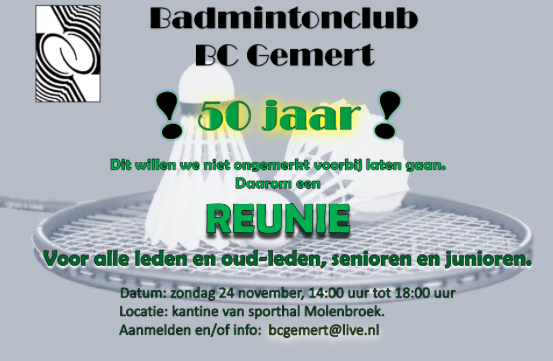 Reünie BC Gemert: wees welkom (oud-)badmintonners!