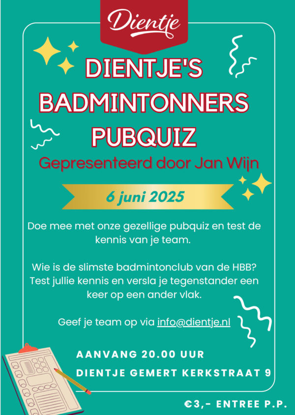 6 juni: badmintonners pubquiz in Gemert